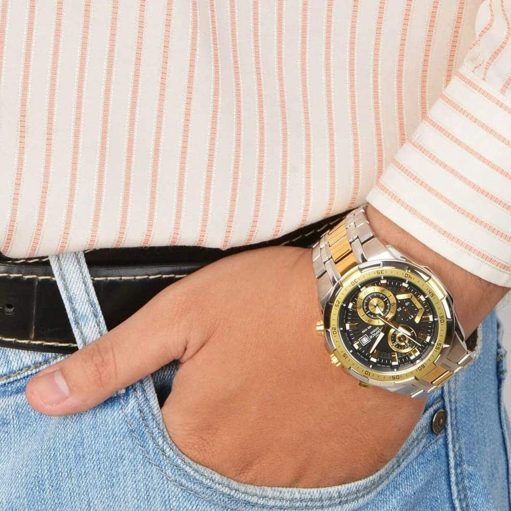 Casio Edifice Chronograph Watch for Men Black Dial with Two tone Silver and Gold Stainless steel Strap EFR539SG-1A (937)