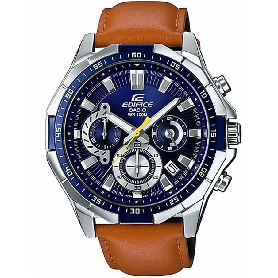 Casio Edifice Chronograph Watch for Men Blue Dial with Brown Leather Strap EFR-554L-2AV (953)