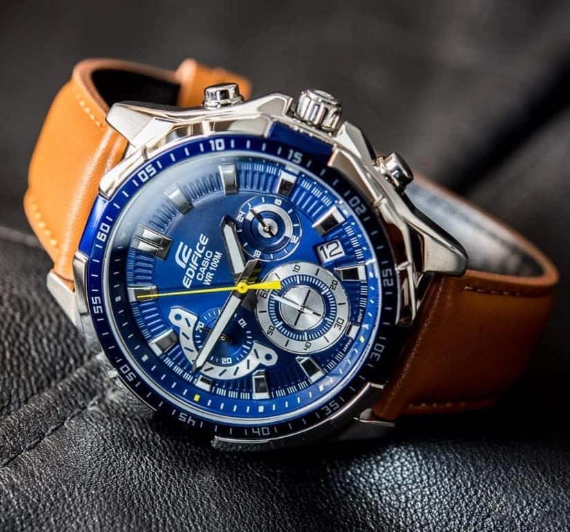 Casio Edifice Chronograph Watch for Men Blue Dial with Brown Leather Strap EFR-554L-2AV (953)