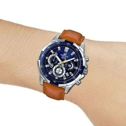 Casio Edifice Chronograph Watch for Men Blue Dial with Brown Leather Strap EFR-554L-2AV (953)