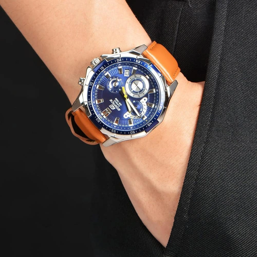Casio Edifice Chronograph Watch for Men Blue Dial with Brown Leather Strap EFR-554L-2AV (953)