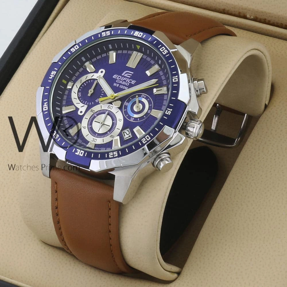 Casio Edifice Chronograph Watch for Men Blue Dial with Brown Leather Strap EFR-554L-2AV (953)