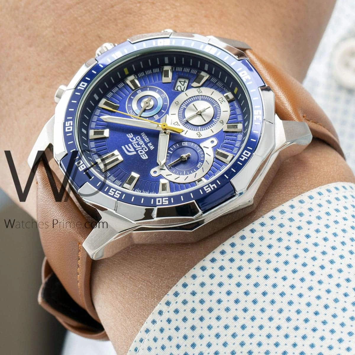 Casio Edifice Chronograph Watch for Men Blue Dial with Brown Leather Strap EFR-554L-2AV (953)
