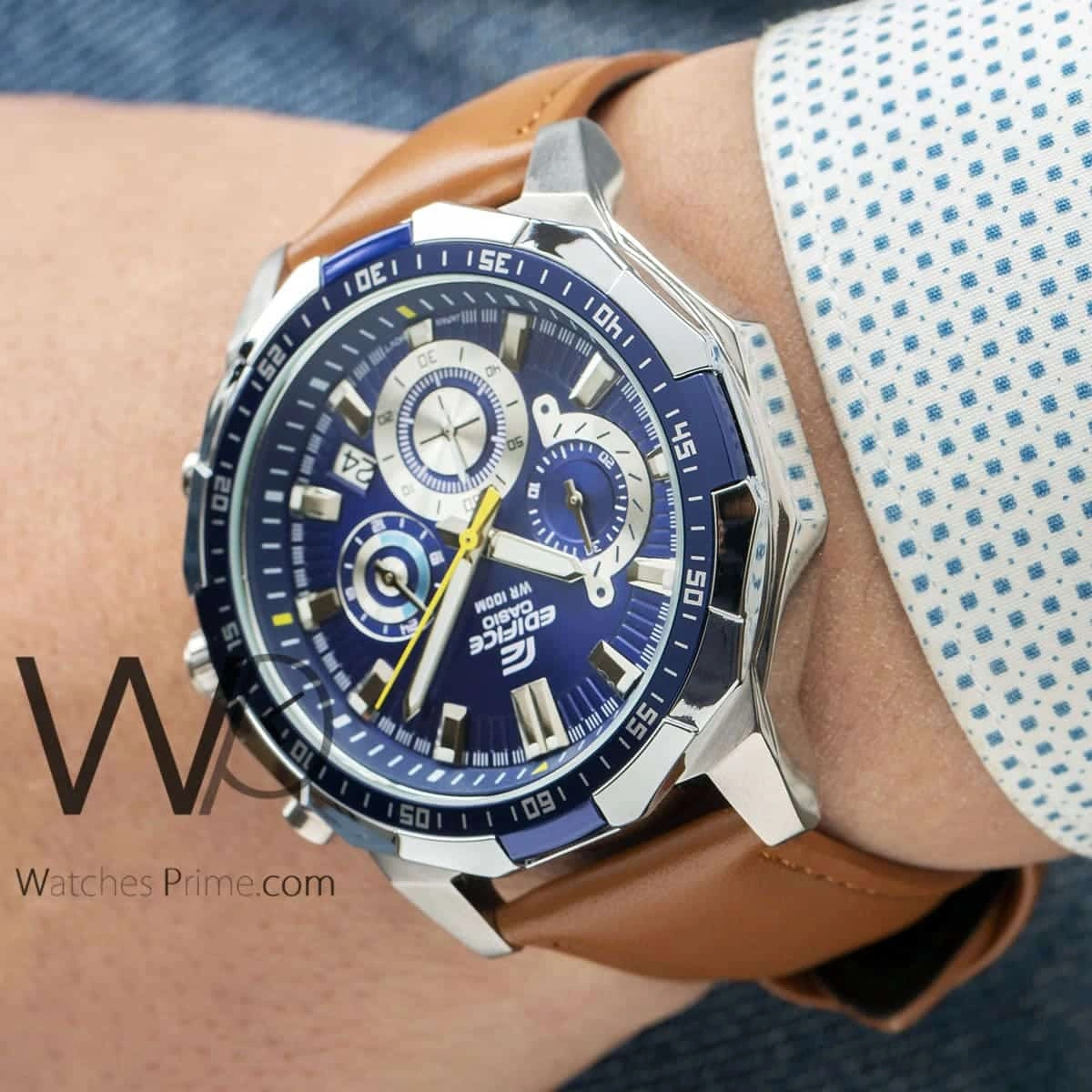 Casio Edifice Chronograph Watch for Men Blue Dial with Brown Leather Strap EFR-554L-2AV (953)