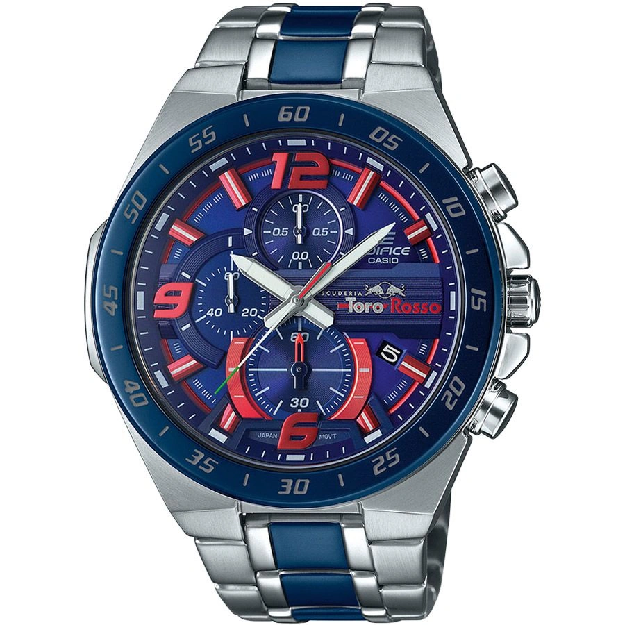 Casio Edifice Chronograph Watch for Men Blue Dial with Two tone Silver and Blue Stainless steel Strap EFR-564TR-2AER (ca901)