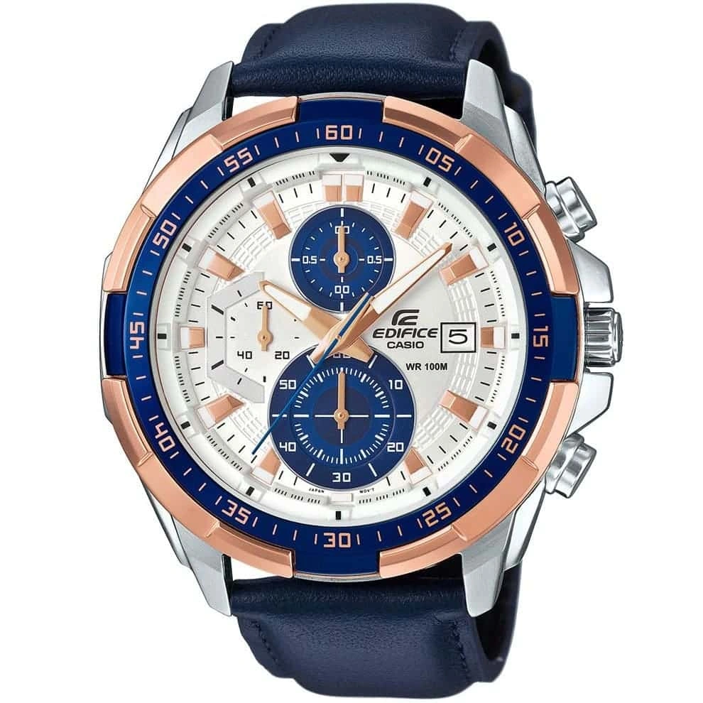 Casio Edifice Chronograph Watch for Men White Dial with Blue Leather Strap EFR-539L-7CV (936)