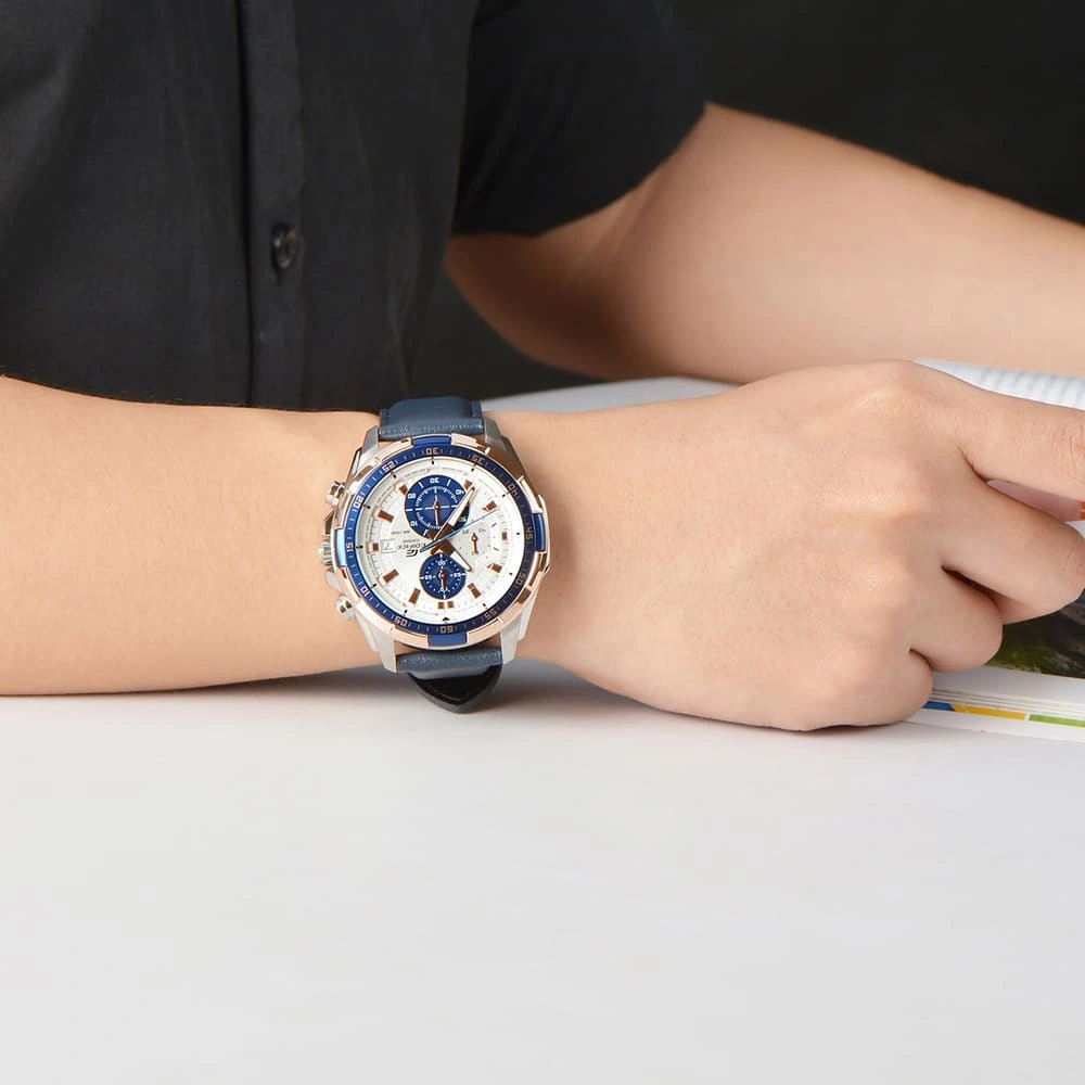 Casio Edifice Chronograph Watch for Men White Dial with Blue Leather Strap EFR-539L-7CV (936)