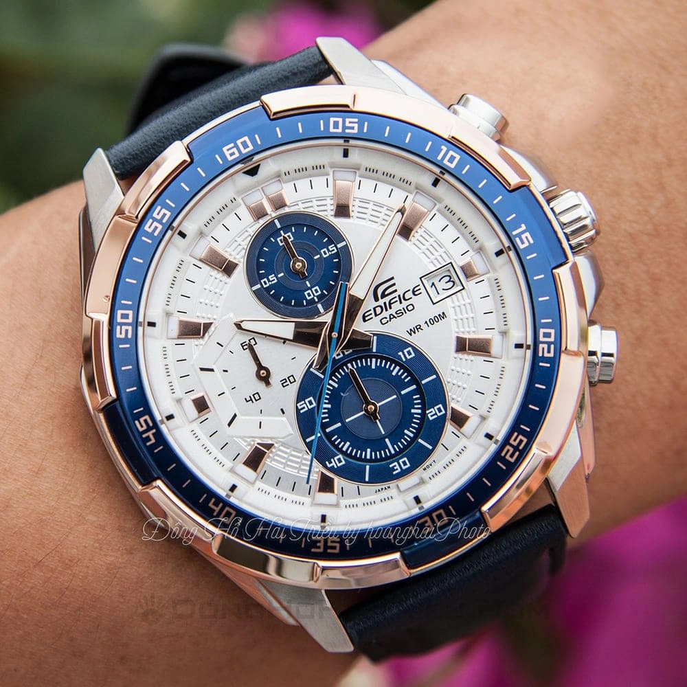 Casio Edifice Chronograph Watch for Men White Dial with Blue Leather Strap EFR-539L-7CV (936)