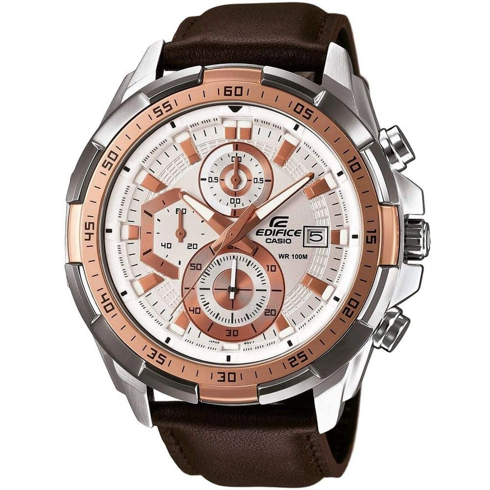 Casio Edifice Chronograph Watch for Men White Dial with Brown Leather Strap EFR-539L-7AV (935)