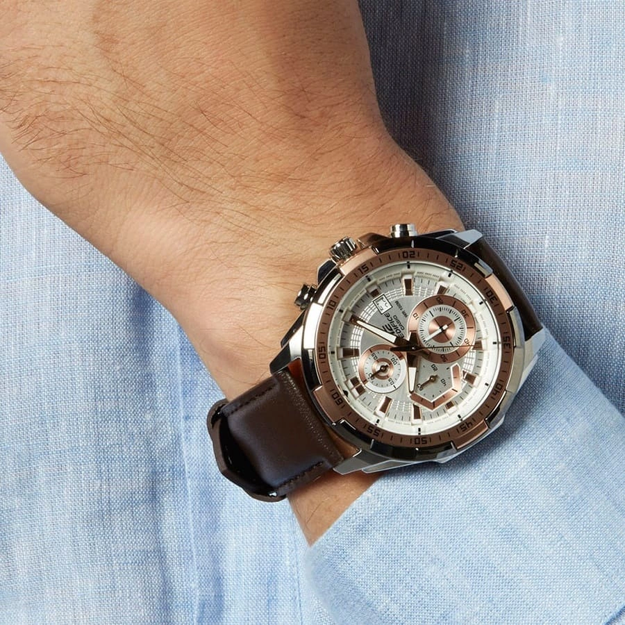 Casio Edifice Chronograph Watch for Men White Dial with Brown Leather Strap EFR-539L-7AV (935)