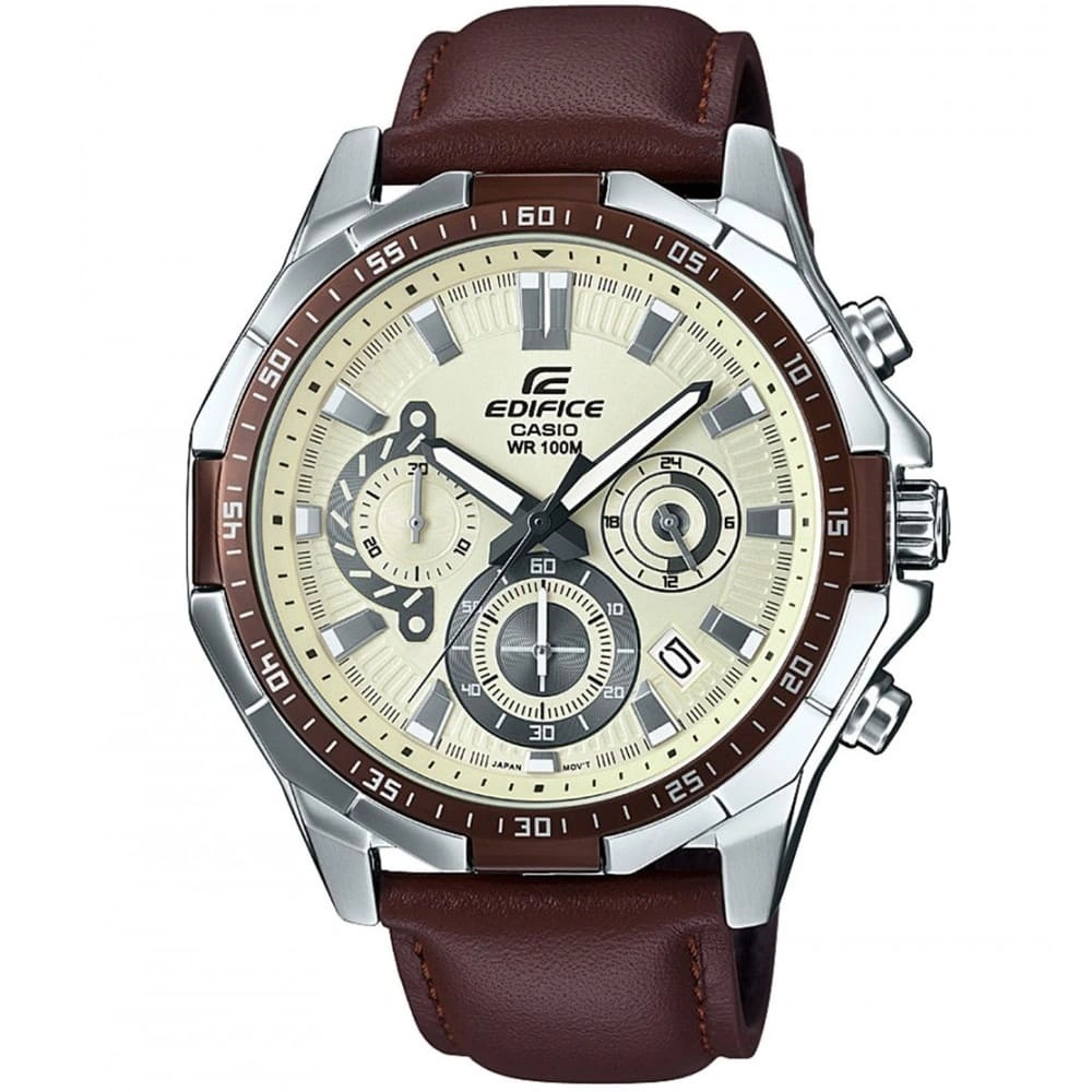 Casio Edifice Chronograph Watch for Men White Dial with Brown Leather Strap EFR-554L-7AV (954)