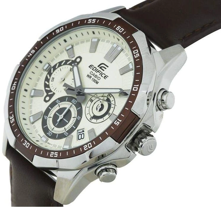 Casio Edifice Chronograph Watch for Men White Dial with Brown Leather Strap EFR-554L-7AV (954)