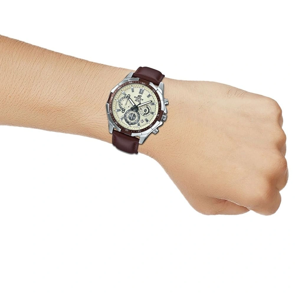 Casio Edifice Chronograph Watch for Men White Dial with Brown Leather Strap EFR-554L-7AV (954)