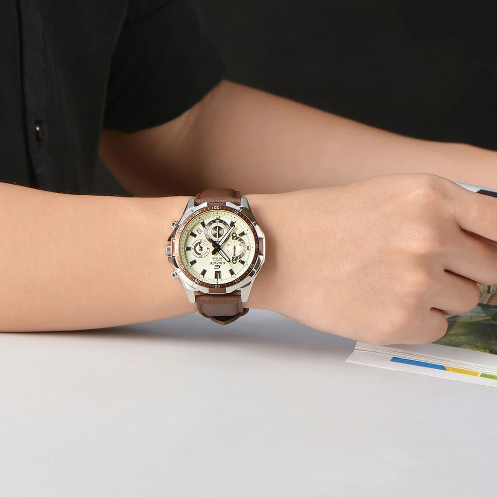 Casio Edifice Chronograph Watch for Men White Dial with Brown Leather Strap EFR-554L-7AV (954)