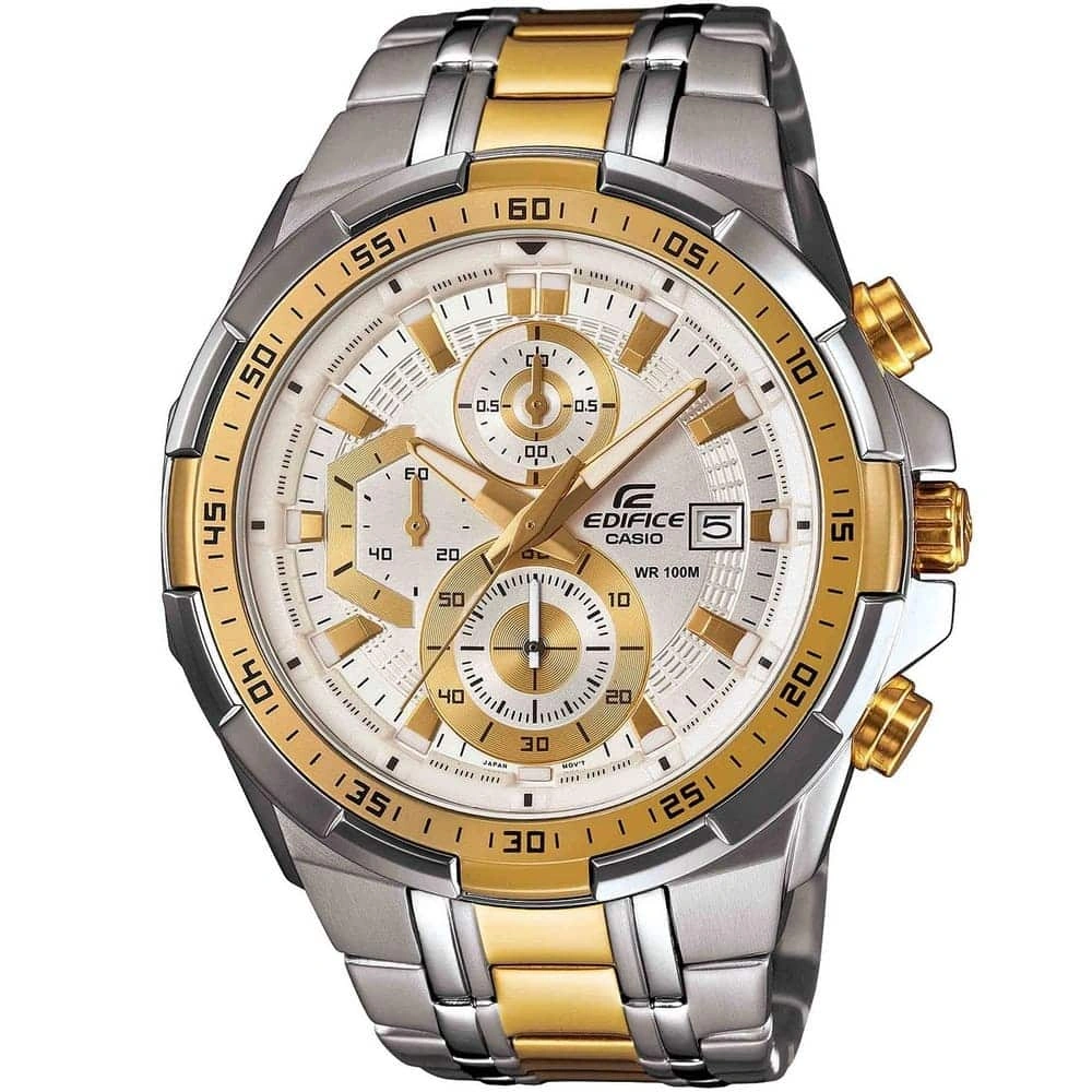 Casio Edifice Chronograph Watch for Men White Dial with Two tone Silver and Gold Stainless steel Strap EFR-539SG-7AV (939)