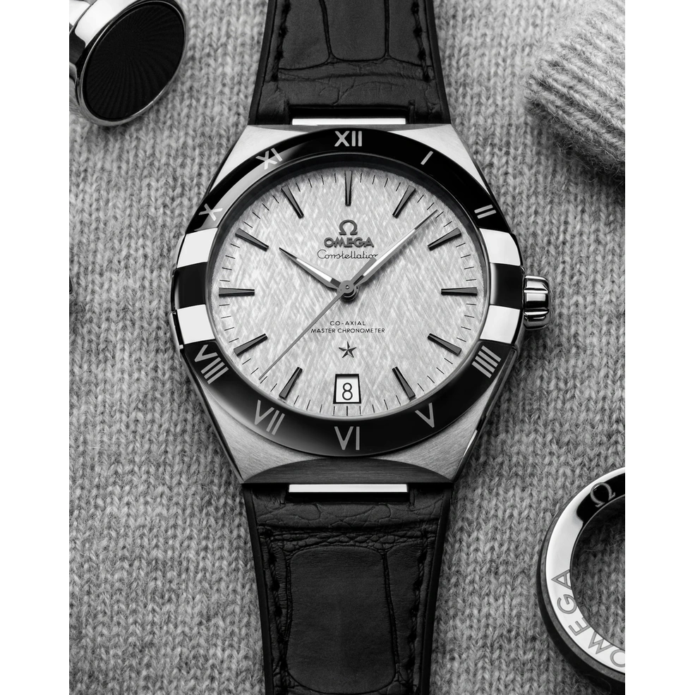 Omega Watch For Men - Constellation Co-Axial Master Chronometer, 41 mm, Steel on Black Leather, White Dial