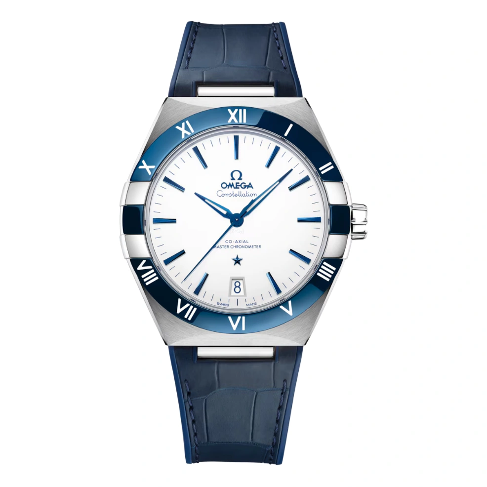 Omega Watch For Men - Constellation Co-Axial Master Chronometer, 41 mm, Steel on Blue Leather, White Dial