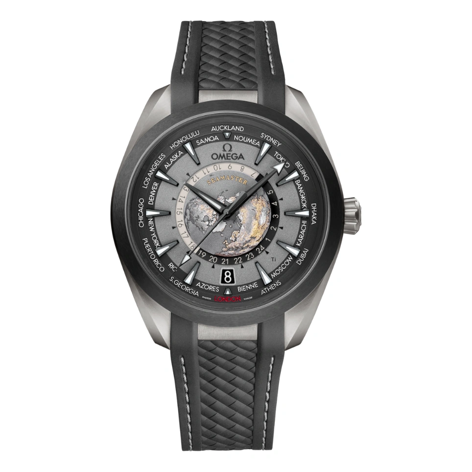 Omega Watch For Men - Seamaster Aqua Terra 150M Worldtimer, Steel on Black Rubber Strap, Black Dial