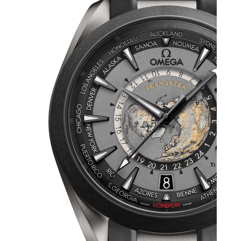 Omega Watch For Men - Seamaster Aqua Terra 150M Worldtimer, Steel on Black Rubber Strap, Black Dial