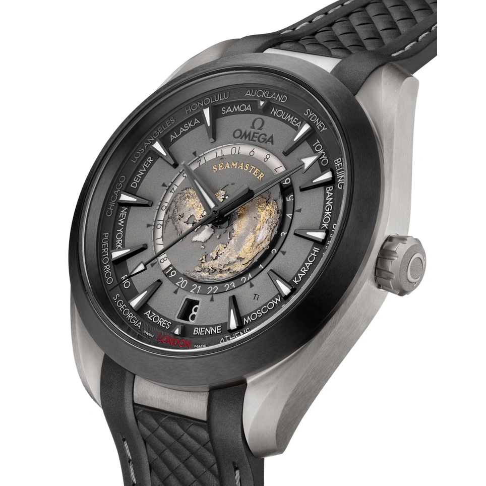 Omega Watch For Men - Seamaster Aqua Terra 150M Worldtimer, Steel on Black Rubber Strap, Black Dial