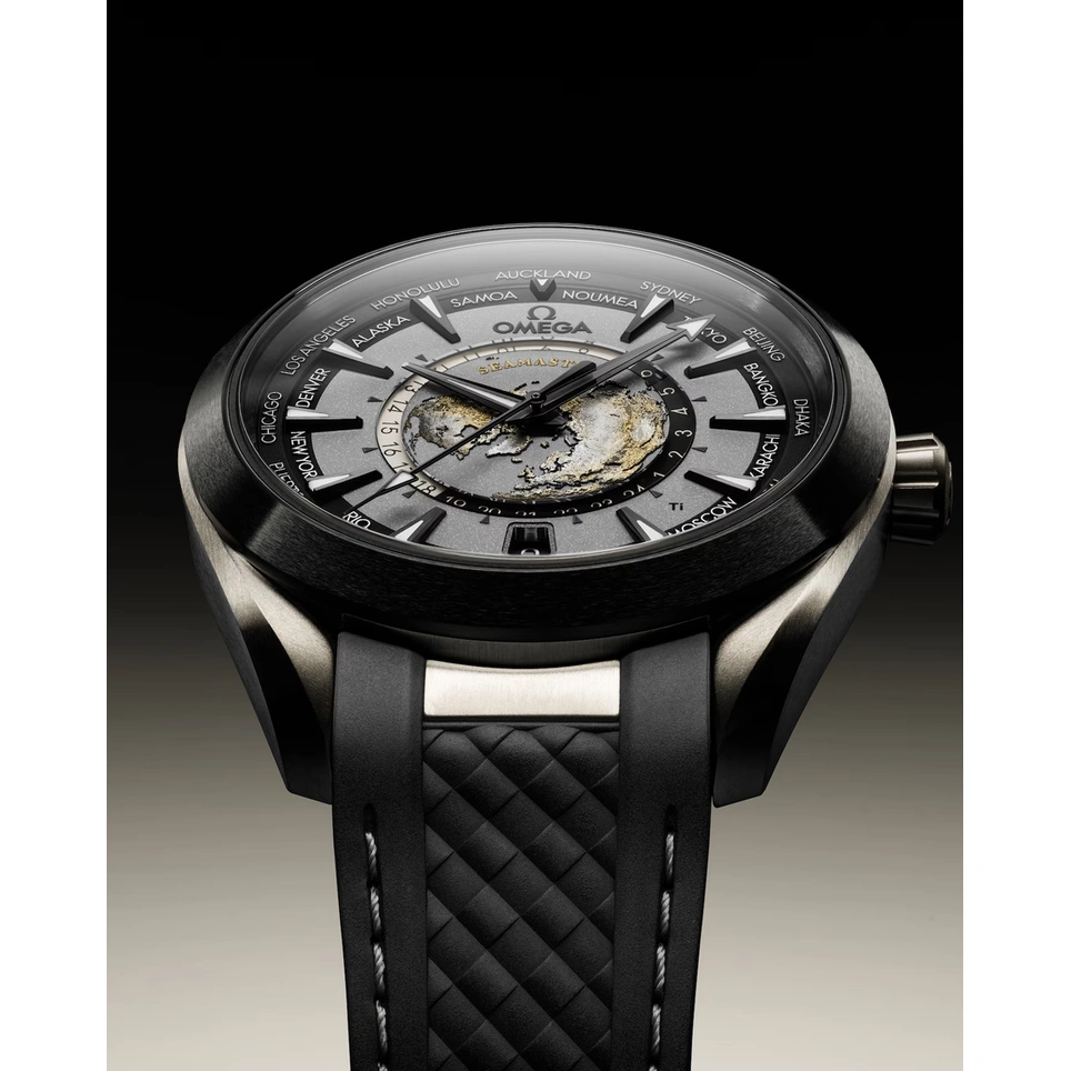 Omega Watch For Men - Seamaster Aqua Terra 150M Worldtimer, Steel on Black Rubber Strap, Black Dial