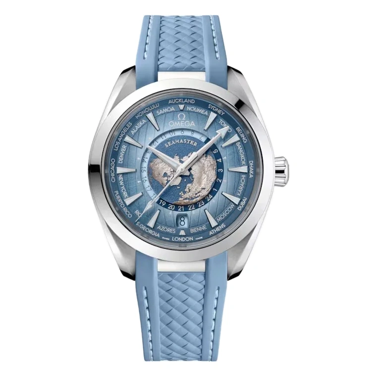 Omega Watch For Men - Seamaster Aqua Terra 150M Worldtimer, Steel on Blue Rubber Strap, Summer Blue - Ref. 220.12.43.22.03.002