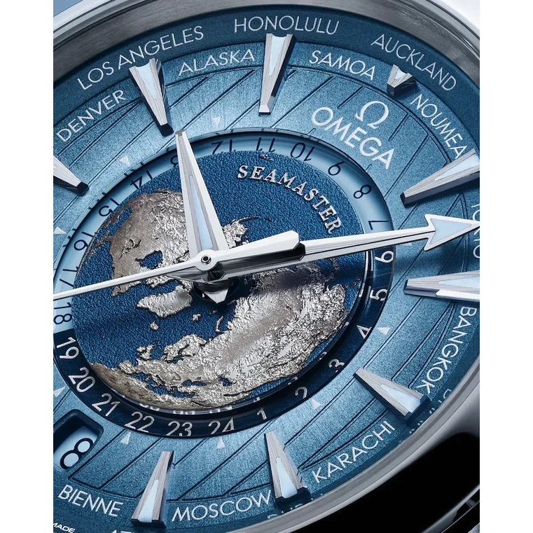 Omega Watch For Men - Seamaster Aqua Terra 150M Worldtimer, Steel on Blue Rubber Strap, Summer Blue - Ref. 220.12.43.22.03.002
