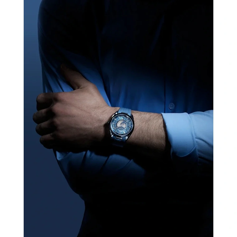 Omega Watch For Men - Seamaster Aqua Terra 150M Worldtimer, Steel on Blue Rubber Strap, Summer Blue - Ref. 220.12.43.22.03.002