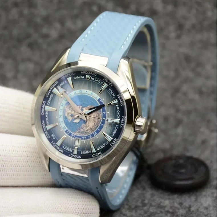 Omega Watch For Men - Seamaster Aqua Terra 150M Worldtimer, Steel on Blue Rubber Strap, Summer Blue - Ref. 220.12.43.22.03.002