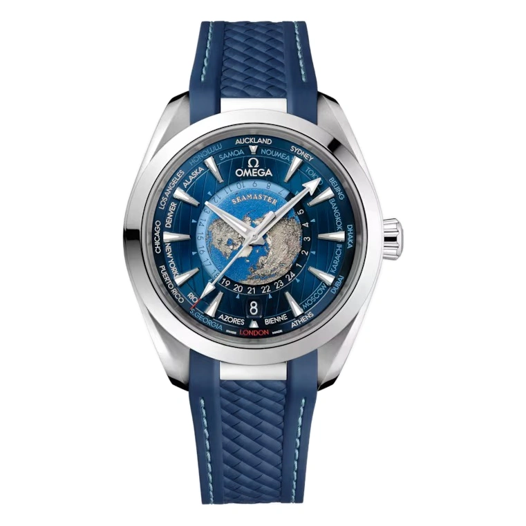Omega Watch For Men - Seamaster Aqua Terra 150M Worldtimer, Steel on Rubber Strap, Blue Dial - Ref. 220.12.43.22.03.001