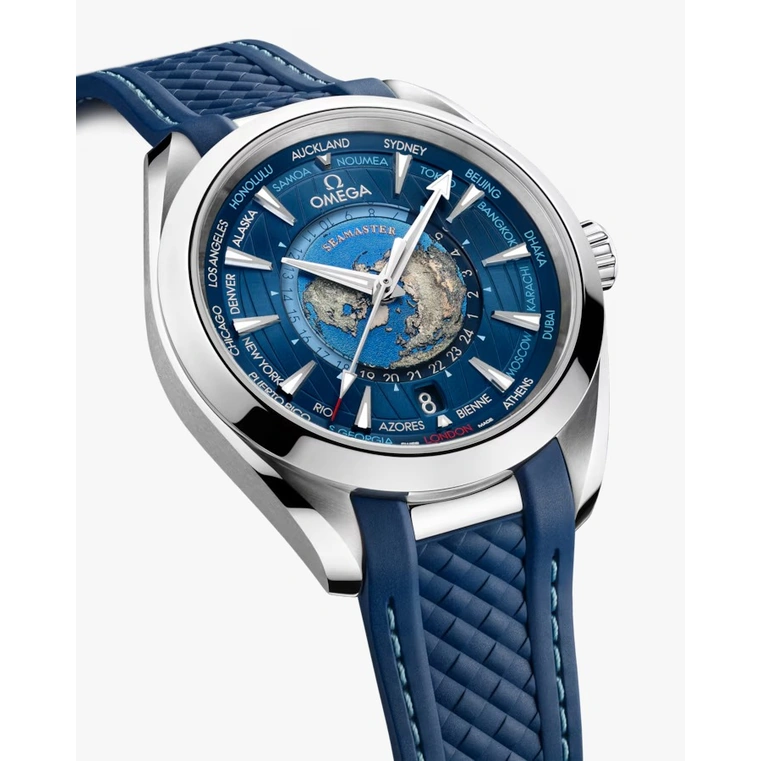 Omega Watch For Men - Seamaster Aqua Terra 150M Worldtimer, Steel on Rubber Strap, Blue Dial - Ref. 220.12.43.22.03.001