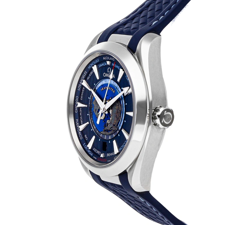 Omega Watch For Men - Seamaster Aqua Terra 150M Worldtimer, Steel on Rubber Strap, Blue Dial - Ref. 220.12.43.22.03.001
