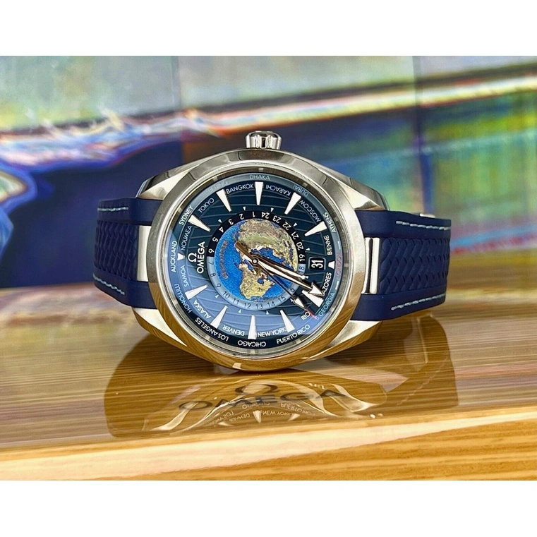 Omega Watch For Men - Seamaster Aqua Terra 150M Worldtimer, Steel on Rubber Strap, Blue Dial - Ref. 220.12.43.22.03.001