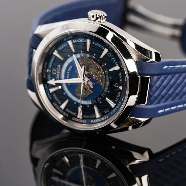 Omega Watch For Men - Seamaster Aqua Terra 150M Worldtimer, Steel on Rubber Strap, Blue Dial - Ref. 220.12.43.22.03.001