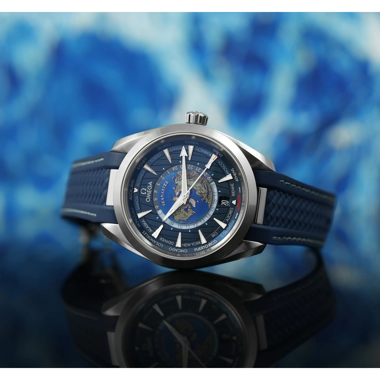 Omega Watch For Men - Seamaster Aqua Terra 150M Worldtimer, Steel on Rubber Strap, Blue Dial - Ref. 220.12.43.22.03.001