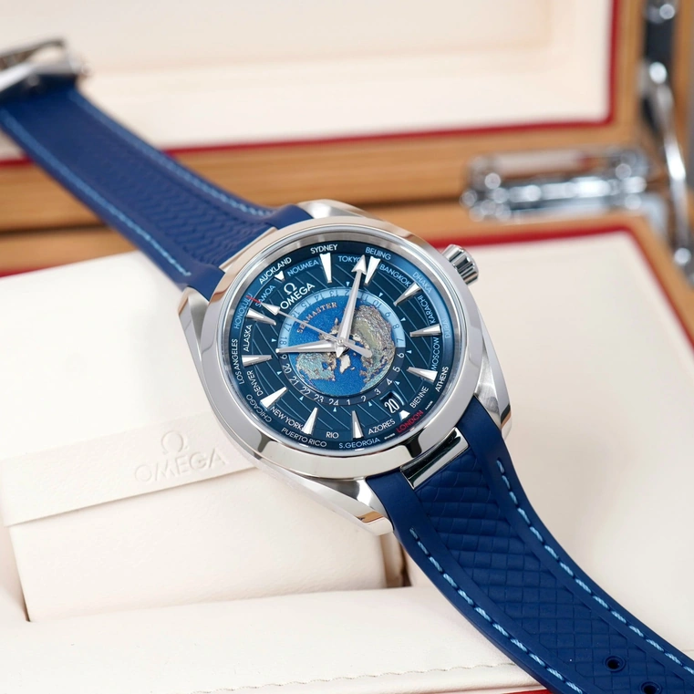 Omega Watch For Men - Seamaster Aqua Terra 150M Worldtimer, Steel on Rubber Strap, Blue Dial - Ref. 220.12.43.22.03.001
