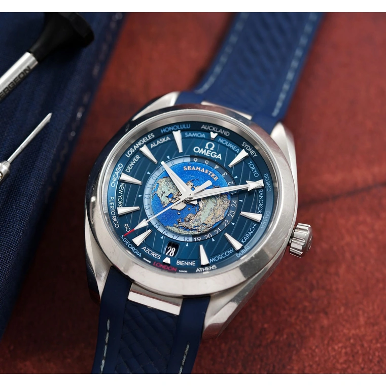 Omega Watch For Men - Seamaster Aqua Terra 150M Worldtimer, Steel on Rubber Strap, Blue Dial - Ref. 220.12.43.22.03.001