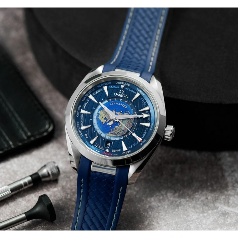 Omega Watch For Men - Seamaster Aqua Terra 150M Worldtimer, Steel on Rubber Strap, Blue Dial - Ref. 220.12.43.22.03.001
