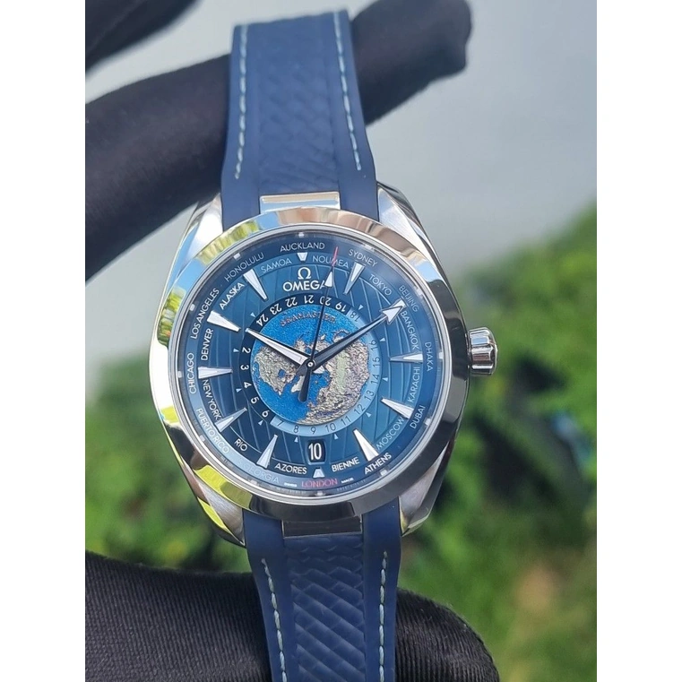 Omega Watch For Men - Seamaster Aqua Terra 150M Worldtimer, Steel on Rubber Strap, Blue Dial - Ref. 220.12.43.22.03.001