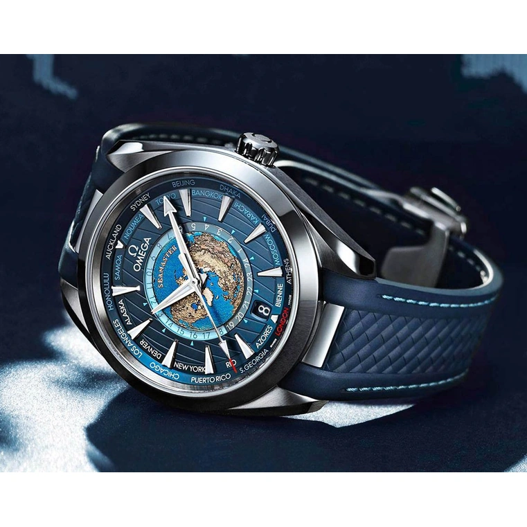 Omega Watch For Men - Seamaster Aqua Terra 150M Worldtimer, Steel on Rubber Strap, Blue Dial - Ref. 220.12.43.22.03.001