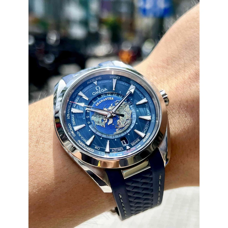Omega Watch For Men - Seamaster Aqua Terra 150M Worldtimer, Steel on Rubber Strap, Blue Dial - Ref. 220.12.43.22.03.001