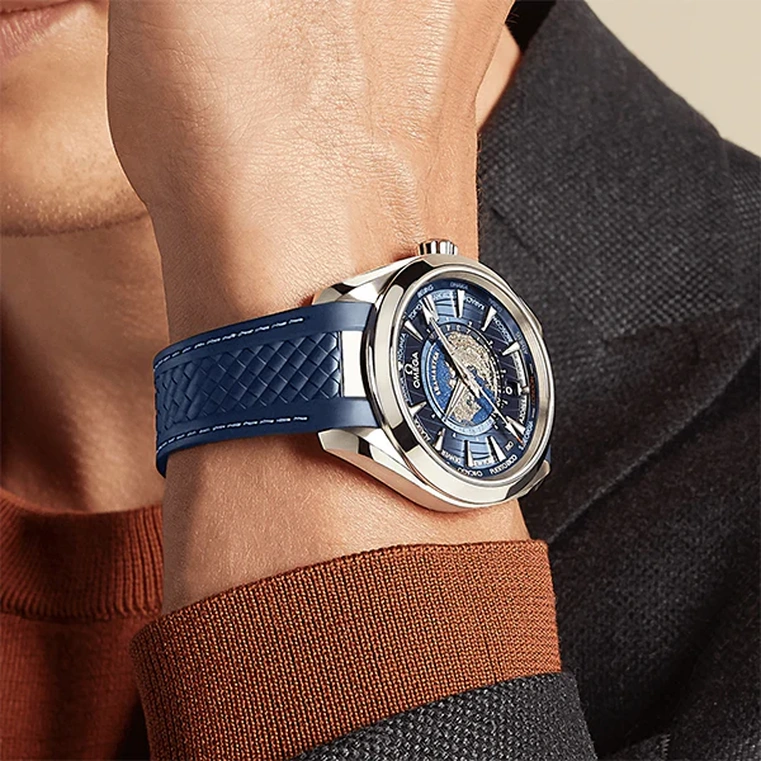 Omega Watch For Men - Seamaster Aqua Terra 150M Worldtimer, Steel on Rubber Strap, Blue Dial - Ref. 220.12.43.22.03.001