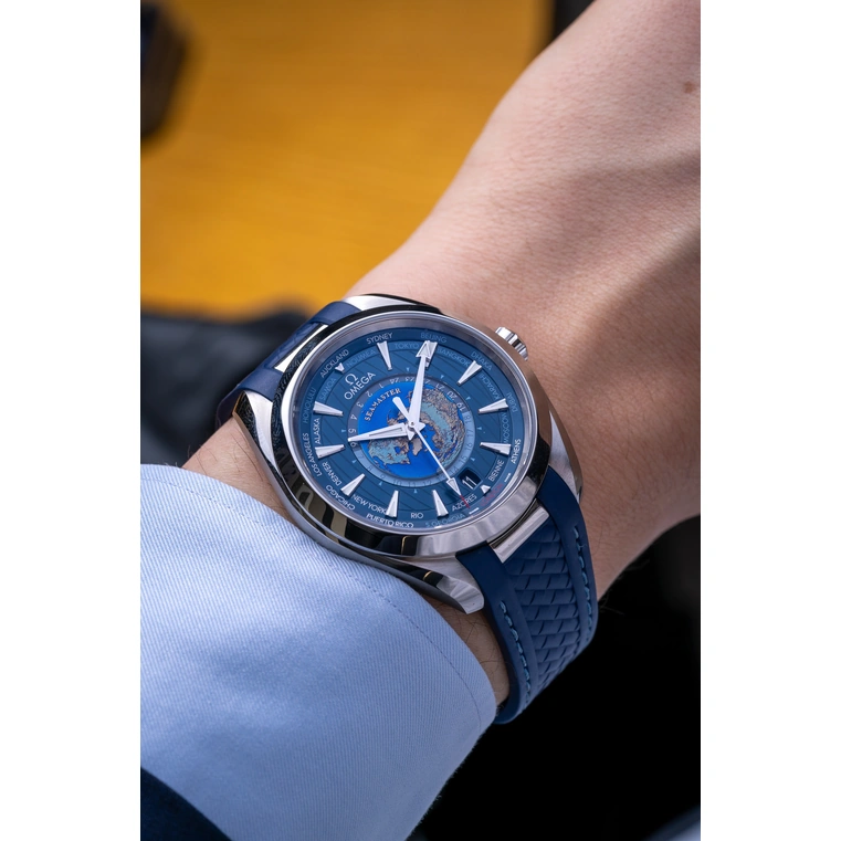 Omega Watch For Men - Seamaster Aqua Terra 150M Worldtimer, Steel on Rubber Strap, Blue Dial - Ref. 220.12.43.22.03.001