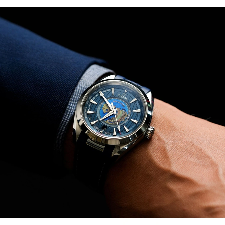 Omega Watch For Men - Seamaster Aqua Terra 150M Worldtimer, Steel on Rubber Strap, Blue Dial - Ref. 220.12.43.22.03.001