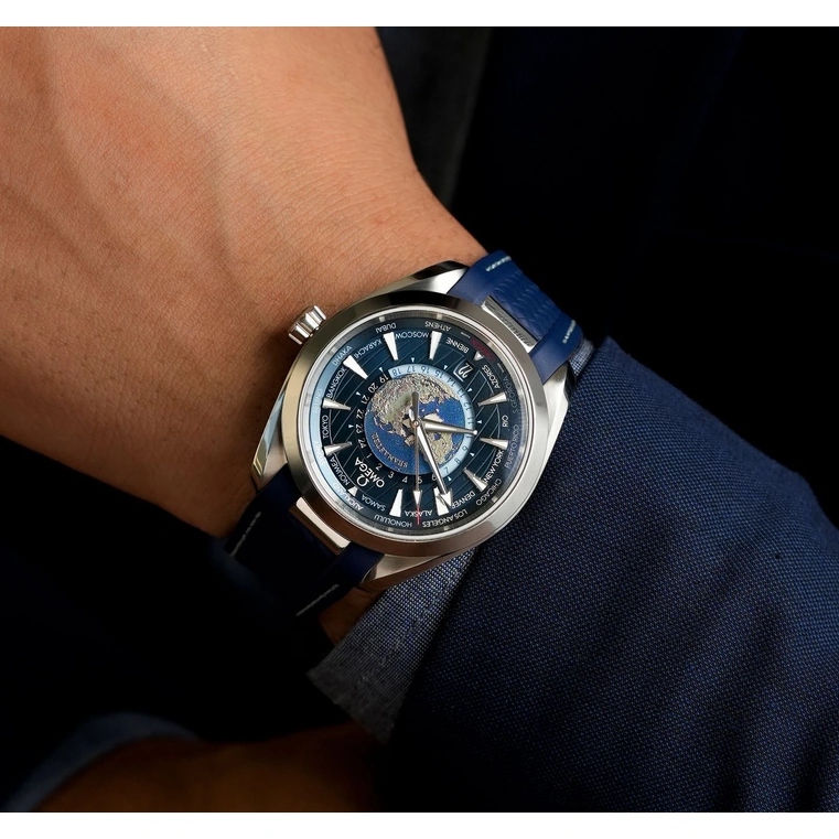 Omega Watch For Men - Seamaster Aqua Terra 150M Worldtimer, Steel on Rubber Strap, Blue Dial - Ref. 220.12.43.22.03.001
