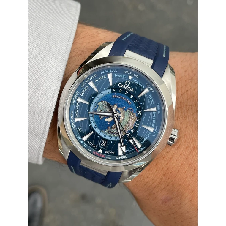 Omega Watch For Men - Seamaster Aqua Terra 150M Worldtimer, Steel on Rubber Strap, Blue Dial - Ref. 220.12.43.22.03.001