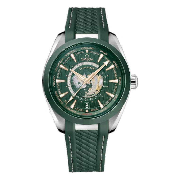 Omega Watch For Men - Seamaster Aqua Terra 150M Worldtimer, Steel on Rubber Strap, Green Dial - Ref. 220.32.43.22.10.001