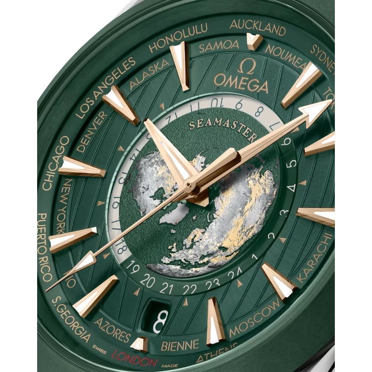 Omega Watch For Men - Seamaster Aqua Terra 150M Worldtimer, Steel on Rubber Strap, Green Dial - Ref. 220.32.43.22.10.001