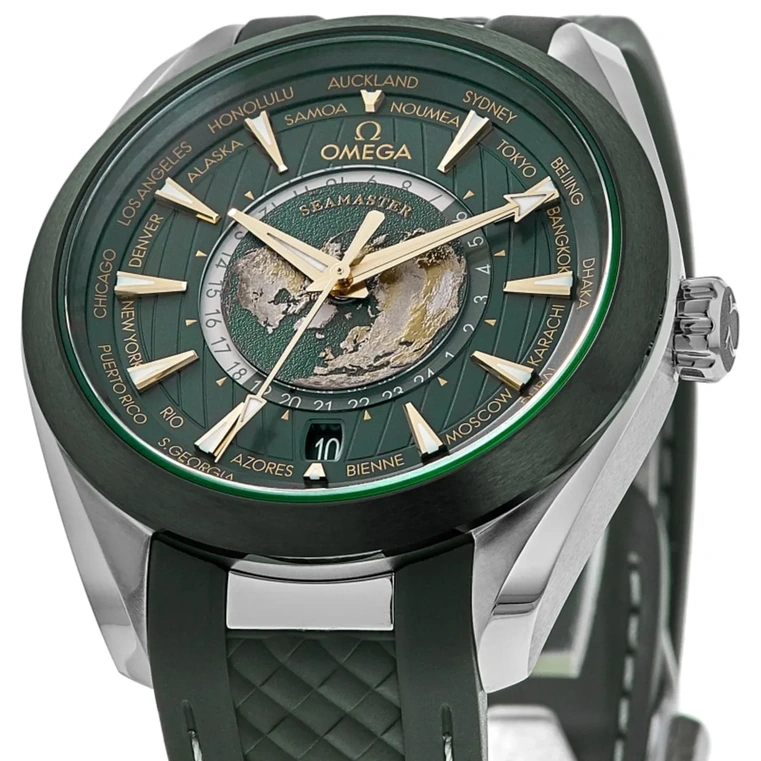 Omega Watch For Men - Seamaster Aqua Terra 150M Worldtimer, Steel on Rubber Strap, Green Dial - Ref. 220.32.43.22.10.001
