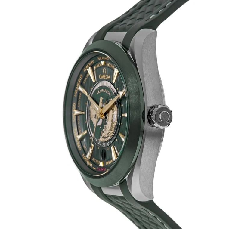 Omega Watch For Men - Seamaster Aqua Terra 150M Worldtimer, Steel on Rubber Strap, Green Dial - Ref. 220.32.43.22.10.001